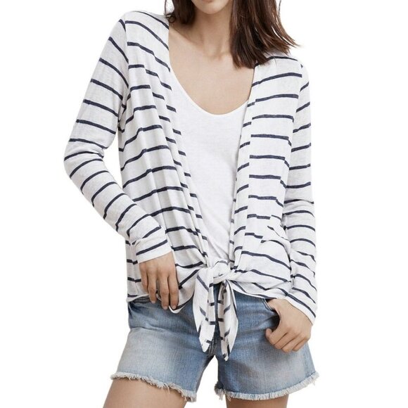 Velvet Graham & Spencer Coastal Blue White striped Open Cardigan Tie front - M - Picture 3 of 11